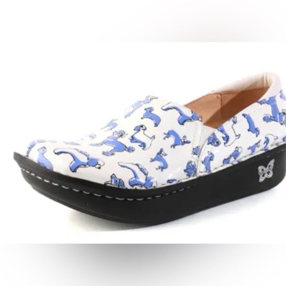 Alegria Blue and White Mules